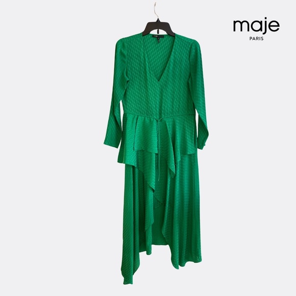 Maje Printed Satin Jacquard Wrap Dress – Size FR 36 (US 4) – Green – Excellent C - Picture 7 of 10